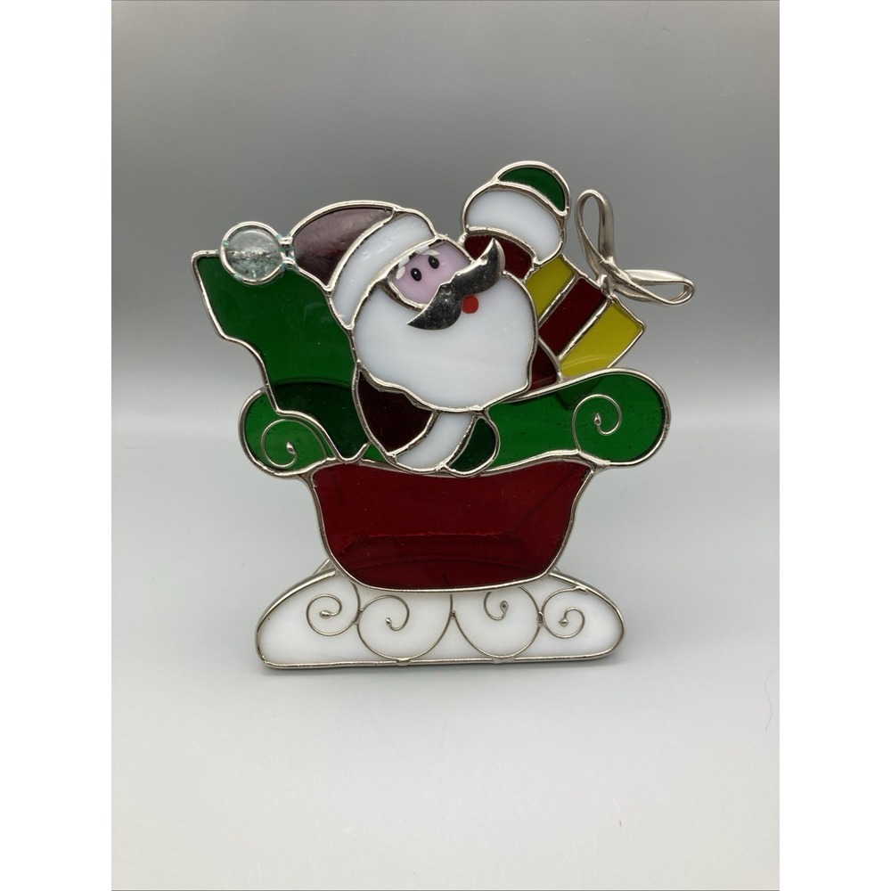 Santa Claus in Sleigh Stained Glass Christmas Tea Light Candle Holder